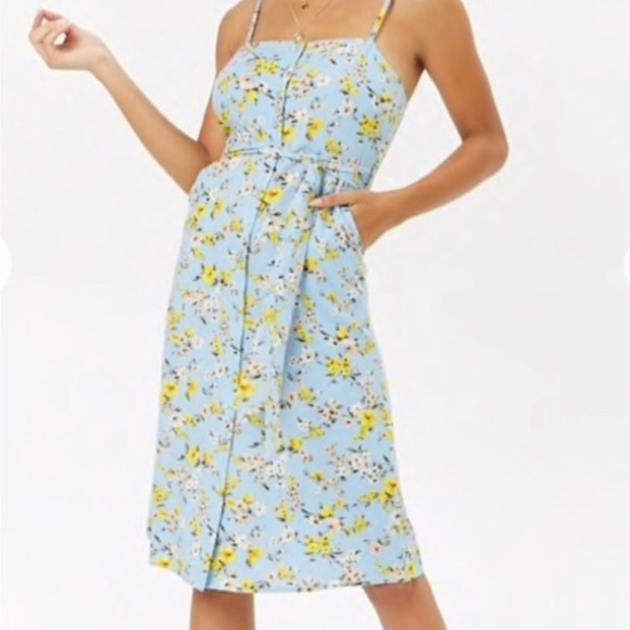 FOREVER 21 Floral Button Front Midi Dress Blue Yellow NWT Medium - Picture 11 of 11
